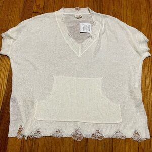 BiBi Distressed Hem V-Neck Slit Sweater With Kangaroo Pouch Oversized Medium